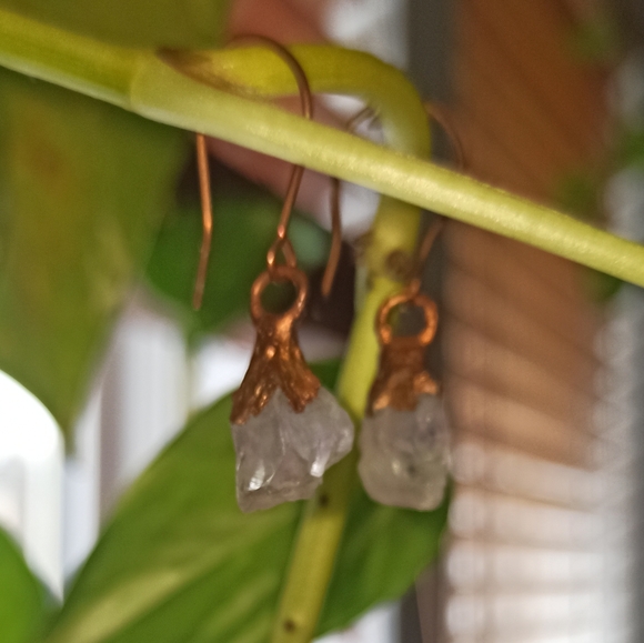 Handmade Earrings - Copper and Quartz Crystal - Picture 2 of 5